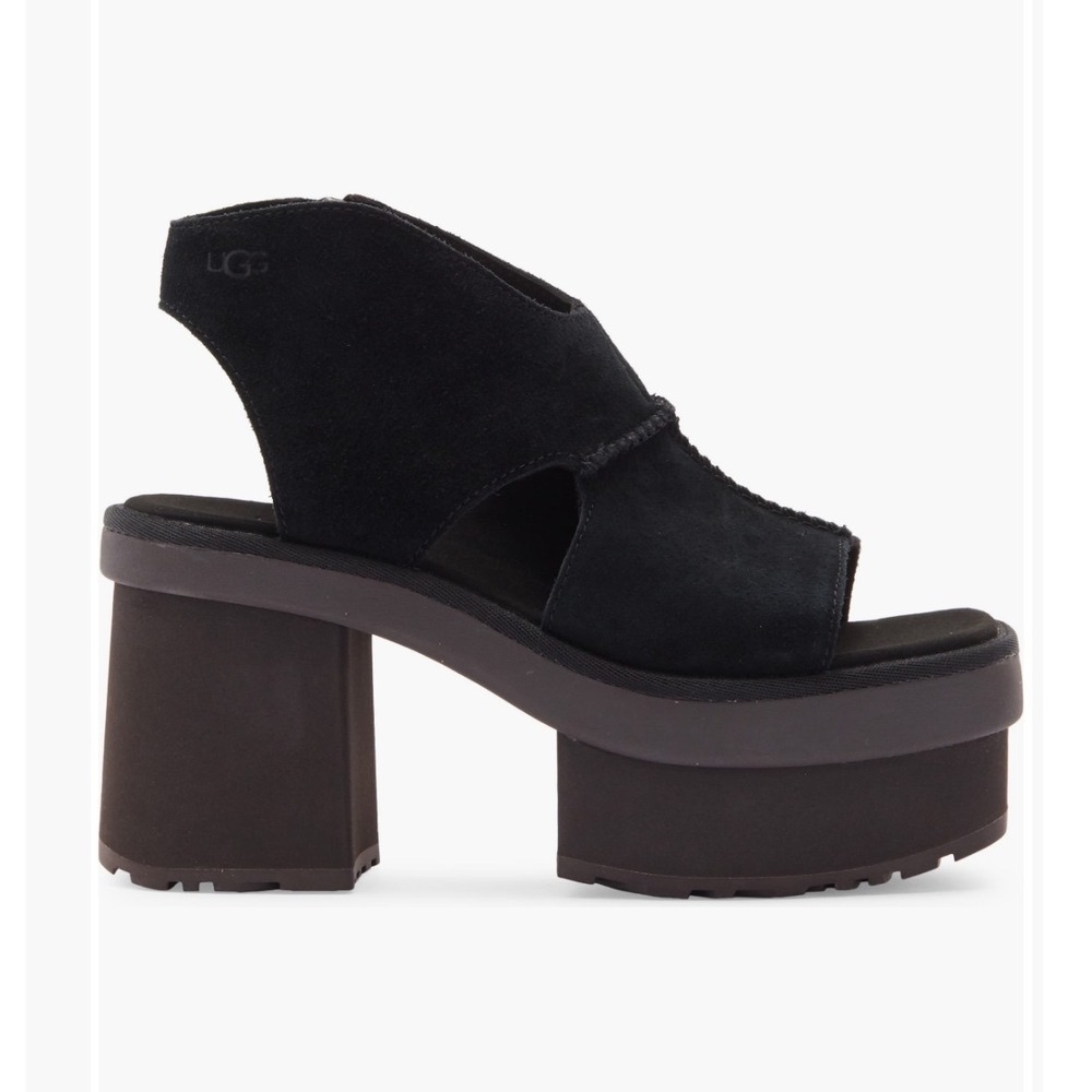 UGG Platform Sandals Womens Black Suede Chunky Block Heel Zip Up Open Toe 10 New - Picture 3 of 11
